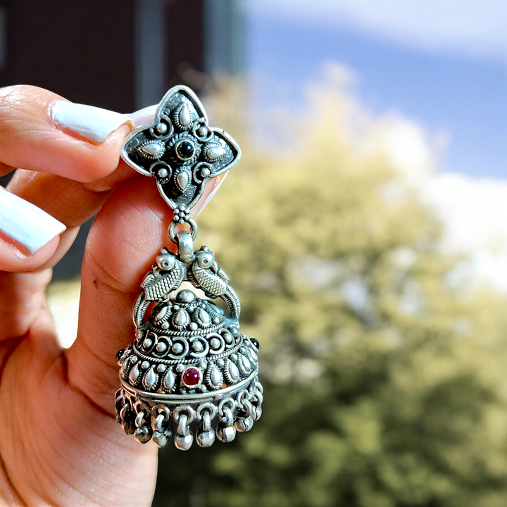 Traditional Silver Oxidized Floral Jhumkas