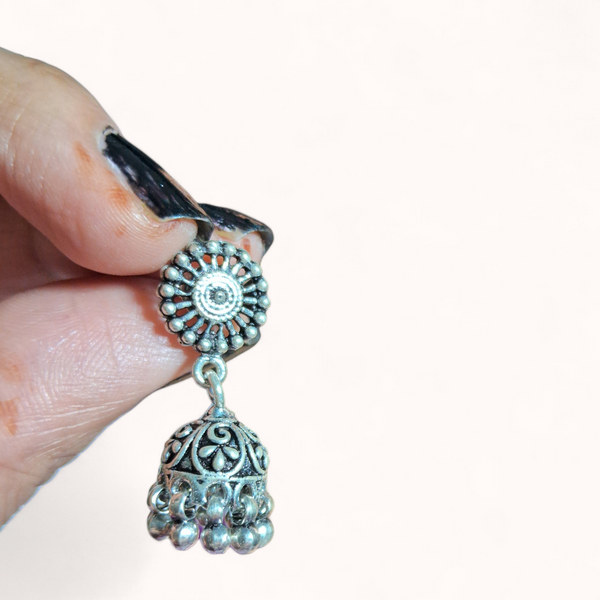 Circular Beaded Silver Oxidized Jhumkas