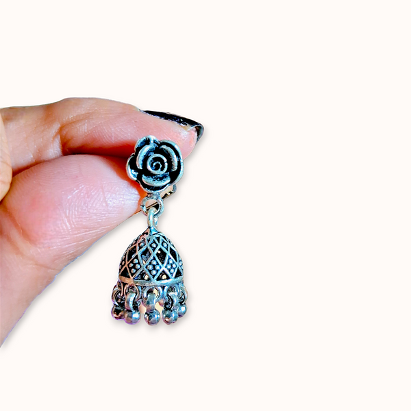 Rose Studded Silver Oxidized Jhumkas