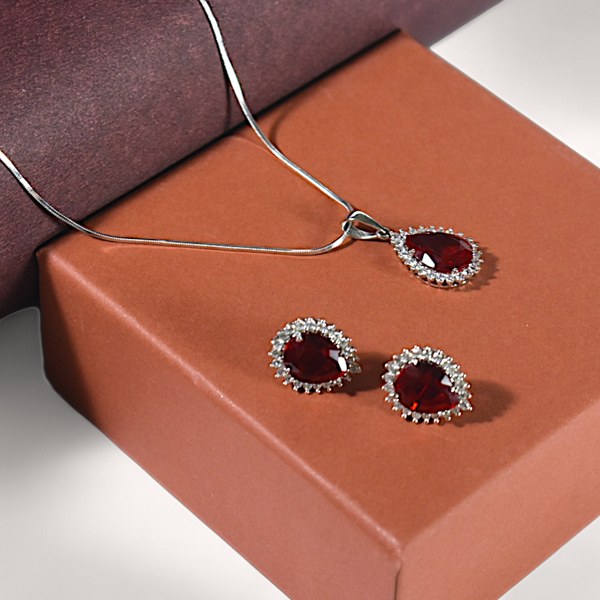 Ruby Red Oval Pendant and Earrings Set