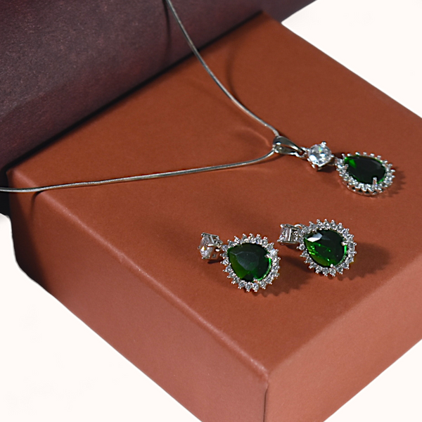 Green Emerald Drop Pendant and Hoop Earrings Set