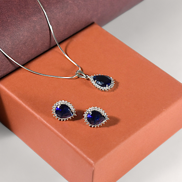 Blue Sapphire Teardrop Pendant and Earrings Set