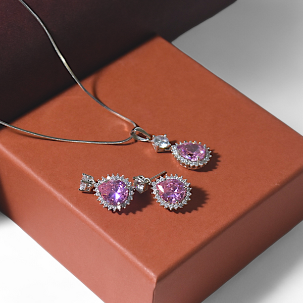 Pink Crystal Pendant and Dangle Earrings Set