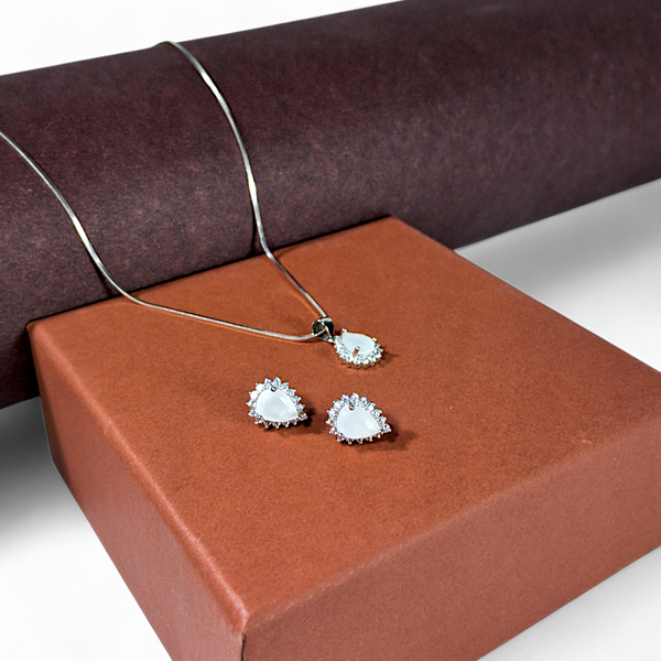 White Teardrop Pendant and Stud Earrings Set