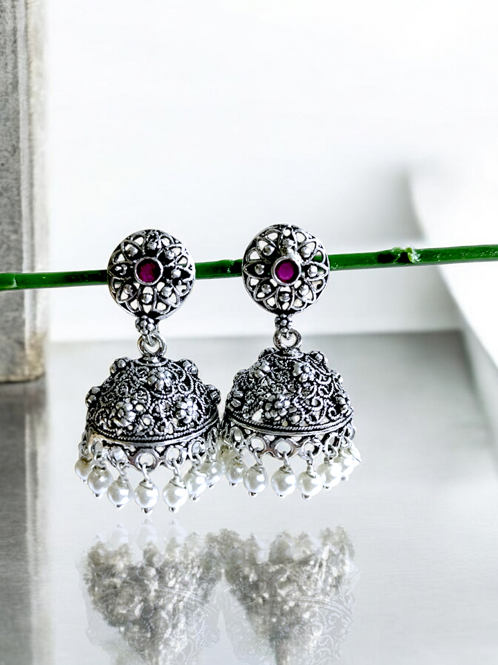 Sparkling Stone-Studded Silver Oxidized Jhumkas Misste.com