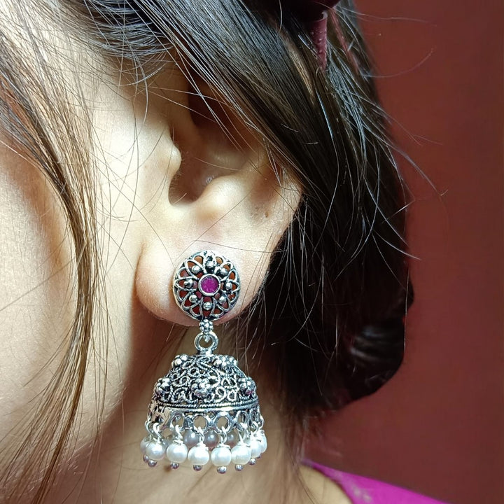 Sparkling Stone-Studded Silver Oxidized Jhumkas Misste.com