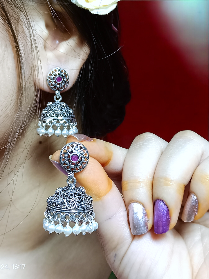 Sparkling Stone-Studded Silver Oxidized Jhumkas Misste.com