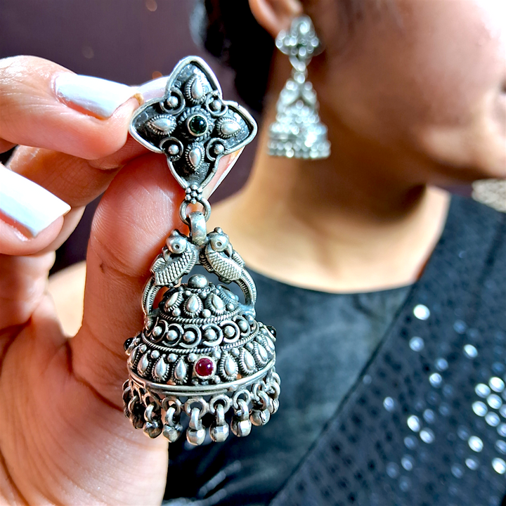 Traditional Silver Oxidized Floral Jhumkas