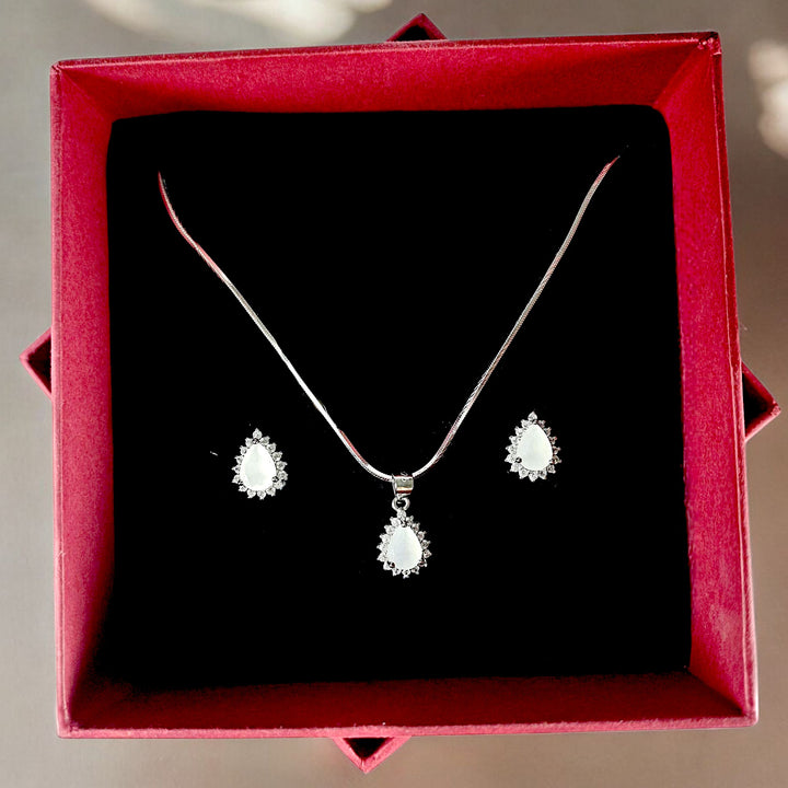 White Teardrop Pendant and Stud Earrings Set