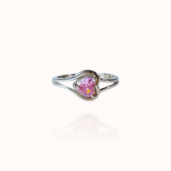 Dual Heart Pink Gem 925 Silver Ring