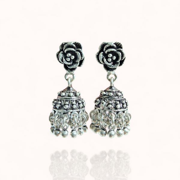 Floral Carved Silver Oxidized Jhumkas