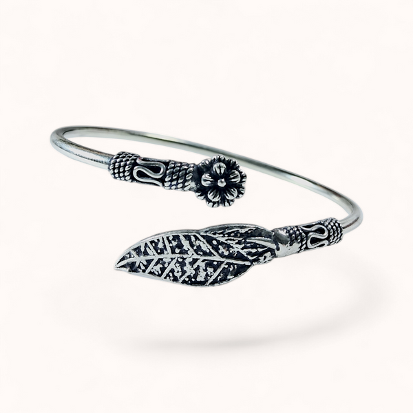 Floral Leaf Oxidized Silver Kada Bracelet