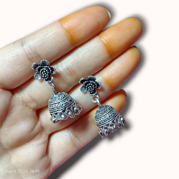 Floral Stud  Silver Oxidized Jhumkas