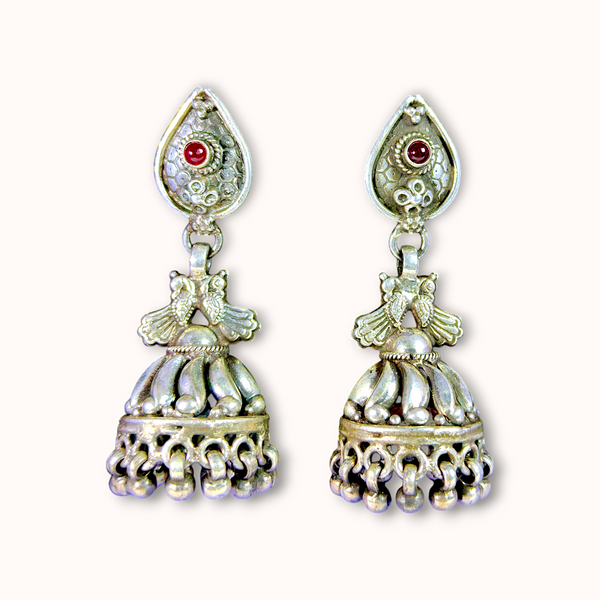 Oxidized Silver Jhumka Earrings with Red Stones