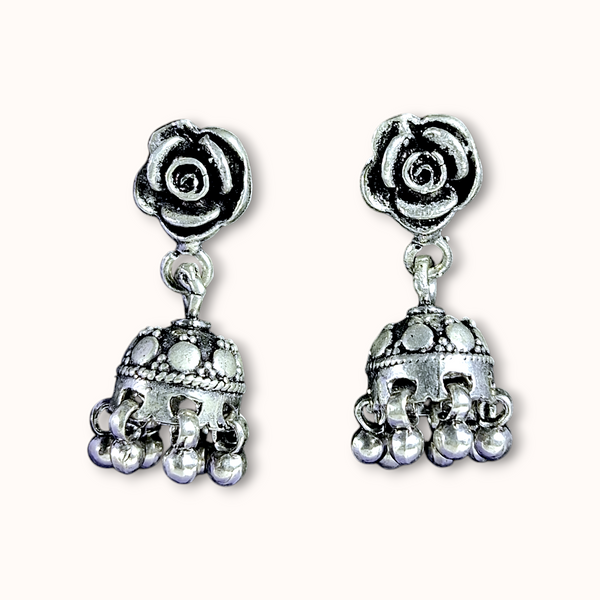 Floral Design Oxidized Silver Jhumka Earrings