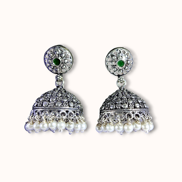 Pearl Oxidized Silver Jhumka Earrings with Green Stones